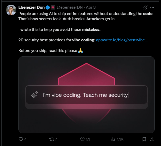 Twitter/X post about AI-generated code issues